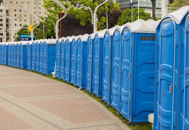 portable restrooms with sink and hand sanitizer stations, available at a festival in Dearborn Heights